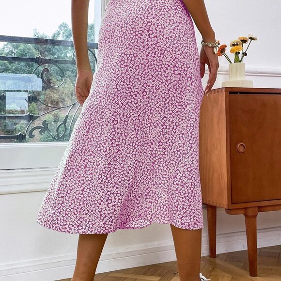 Pink Casual Womens High Waist Ditsy Floral Split Thigh Skirt - Picture 3 of 5